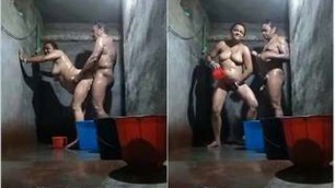 Indian desi mature milf couple bathing together and fucking